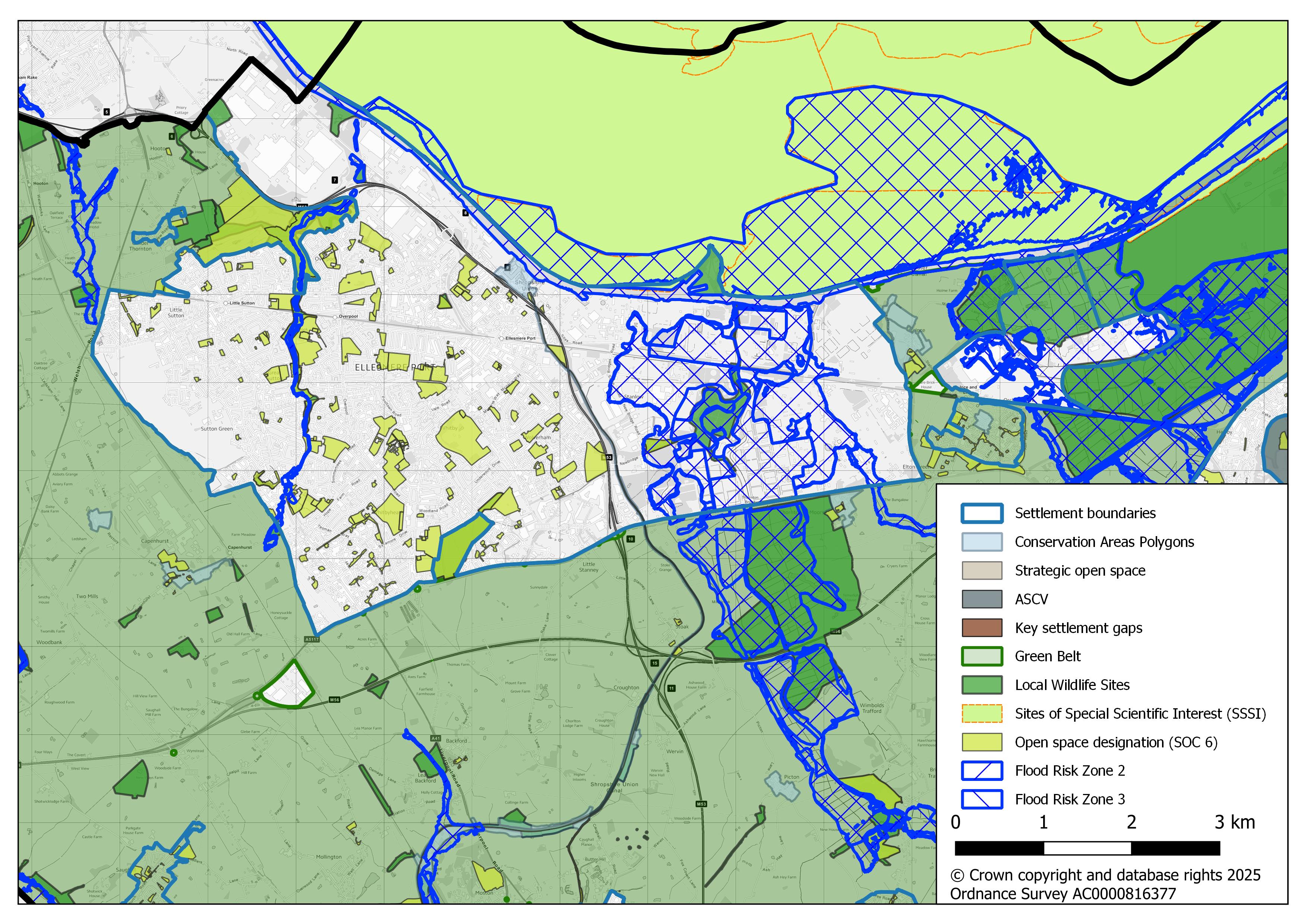 Map of Ellesmere Port settlements highlighting flood risk, conservation areas, open spaces, local wildlife, and SSSI sites.